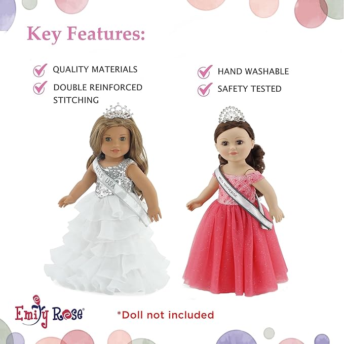 Emily Rose 18-inch Doll Clothes 6-PC Pageant Dress & Accessories Bundle | Includes 2 Dressy Ball Gowns, Sashes & Crowns | Toy Gift Set for 5+ Little Girls Set | USA Business
