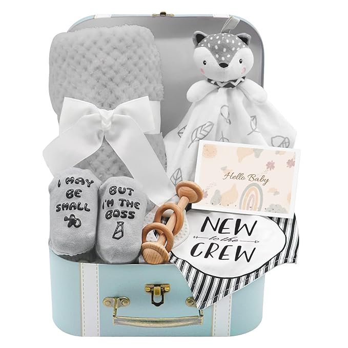 Baby Gift Set, Baby Shower Gifts Basket Newborn Blanket Baby Lovey Security Blanket, Funny Baby Bibs Socks & Greeting Card - Baby Gift Basket Newborn Shower Basket for Boys