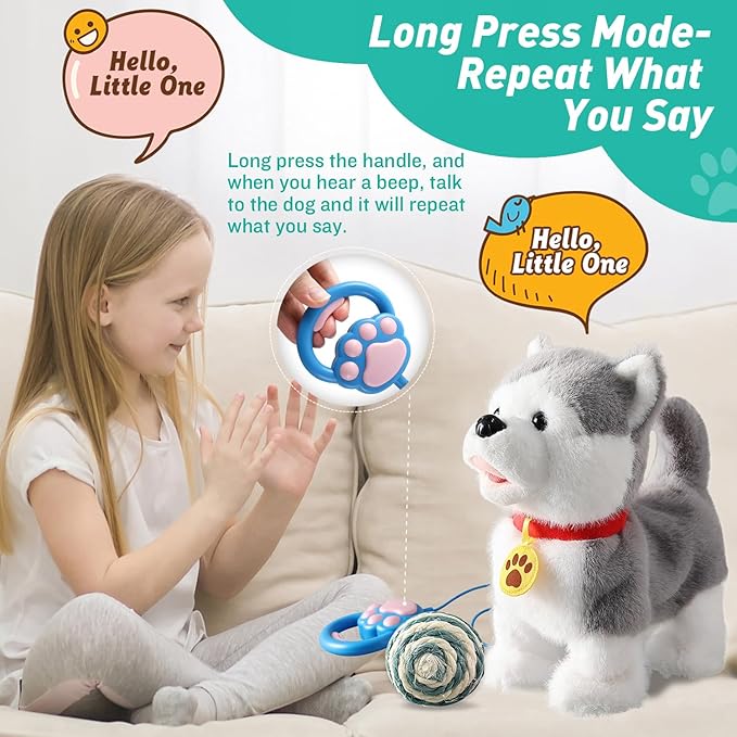 Husky Walking Barking Dog for Kids Interactive Musical Puppy Robot Repeats What You Say, Realistic Licking Tongue Wagging Tail Remote Control Toddler Toys for Girls and Boys Birthday Gifts