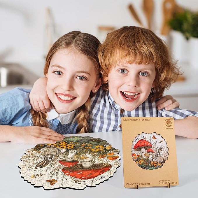 Rabbit Mushroom Wooden Jigsaw Puzzle for Adult and Kids 200 Pcs Unique Shape Multicolor Bunny Wood Box Fun Challenge Brain Teaser Family Game Creative Gift for Friends Rompecabezas Madera