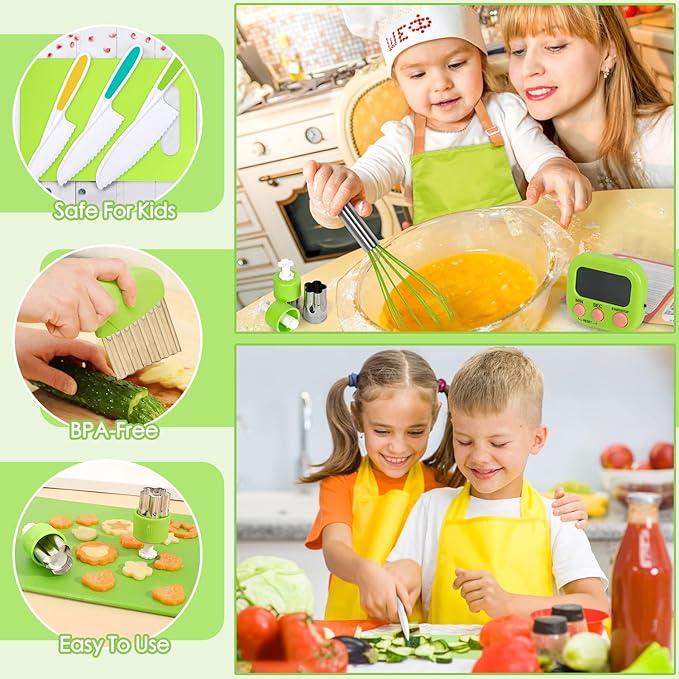 37PCS Kids Cooking Sets Real, Kids Cooking and Baking Gift Set with Storage Case Timer Kid Safe Knives Cutting Board, Toddler Real Kitchen Accessories, Birthday Gifts for Girls & Boys Age 3 - 8