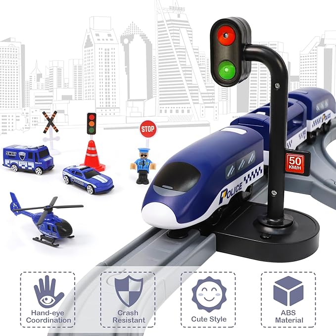 Wdmiya Train Set for Toddlers, 73 Pcs Train Toys for Kids Ages 3-8, Electric Trains Sets with Tracks (Magnetic Connection), Christmas Birthday Gifts for 3 4 5 6 7 Years Old (73pcs, Police)