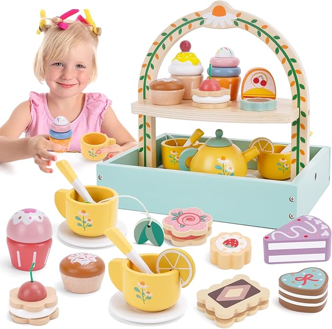 Wooden Tea Party Set for Little Girls, Tea Set Toddler Girl Toys, Pretend Play Tea Sets for Toddlers 3-5, Wooden Toys with Cupcake Stand & Play Kitchen Accessories for 3 4 5 6 Years Old Gifts
