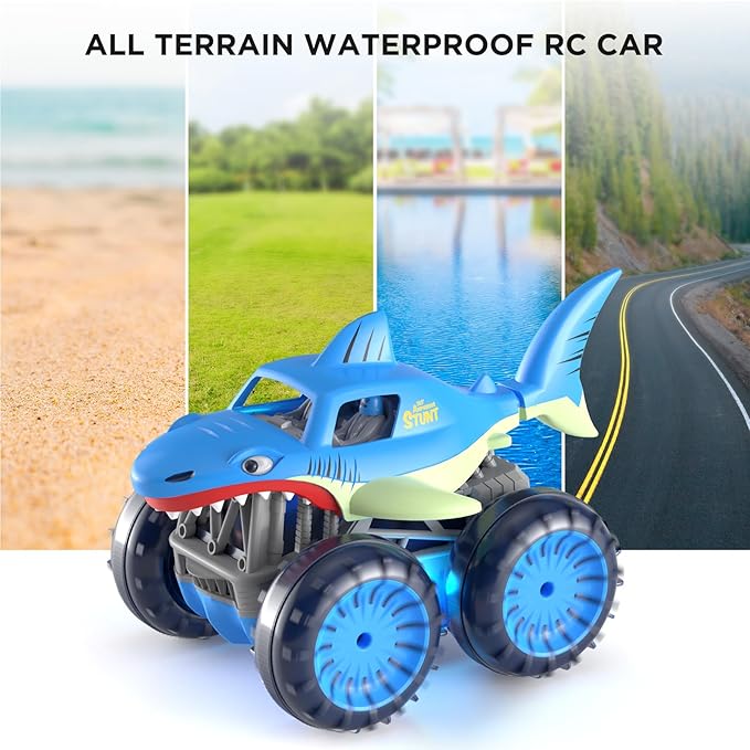 MaxTronic Fast Direct Charging Remote Control Car, Rechargeable Amphibious RC Cars with 2.4Ghz 4WD All Terrain Waterproof RC Shark Monster Truck Toys for Boys Girls 3-12 Years