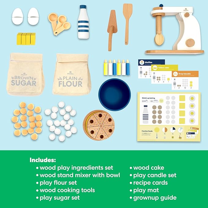 Bake-a-Cake Stand Mixer | KiwiCo Play Kitchen | Kids Baking Set Ages 3+ | Learn Early Math with Wooden Kitchen Play Set | Includes Ingredients, Stand Mixer, Measuring Spoons, Recipe Cards and More
