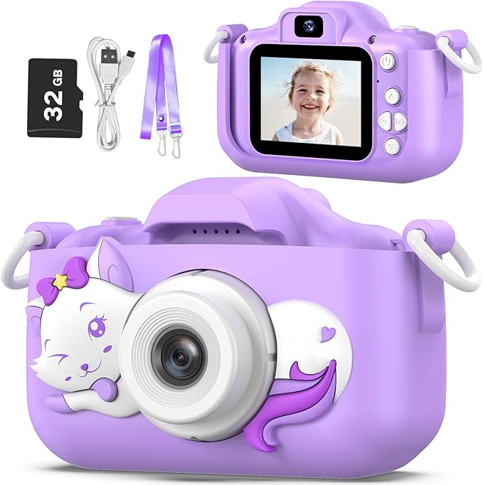 Kids Camera Toys Gifts for Boys Girls, Selfie HD Digital Video Shockproof Camcorder, Christmas Birthday 3 4 5 6 7 8 9 Years Old Girls - 32GB SD Card Included