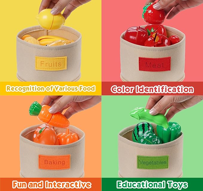 ilauke 87Pcs Cutting Play Food Toy for Kids Kitchen, Pretend Play Food Set for Toddlers with Interactive Cutting Kitchen Toys, Learning Toys Play Food Set for Daycare Educational Toy