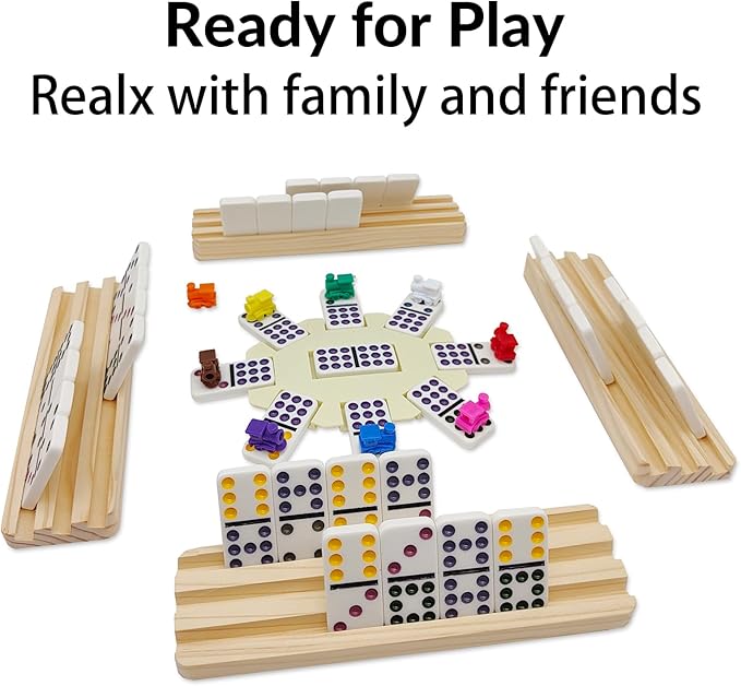 Double 9 Dominoes Set with 4 Wooden Trays/Racks, Double Nine Dominos Travel Set with 4 Domino Tiles Holders, 55 Tiles Dominoes Game Set with Portable Case for Families
