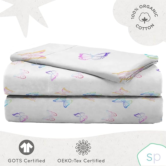 Saturday Park Ombre Butterflies Twin Sheet Set - 3 Piece 100% Organic Cotton Sheets - GOTS & Oeko-TEX Certified