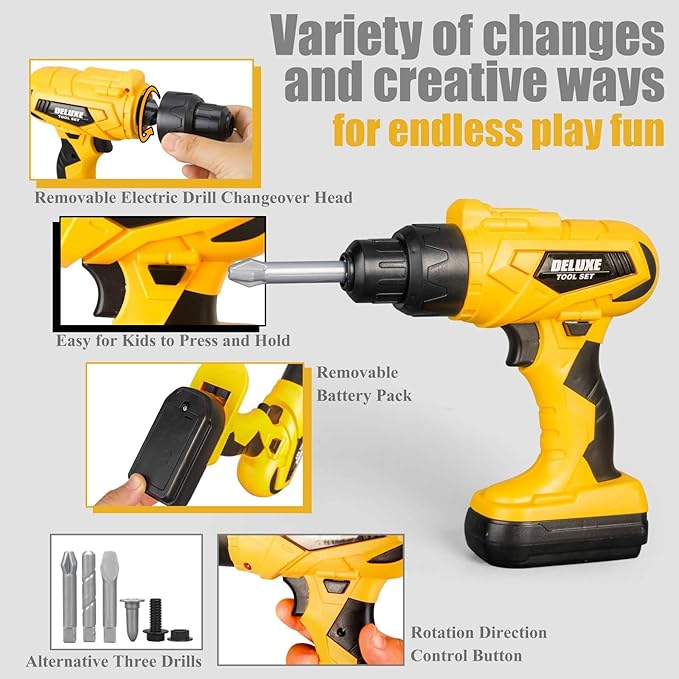 Zealous 48pcs Kids Tool Set with Tool Box & Electronic Toy Drill, Pretend Play Kids Construction Kits for Kids Ages 3-5 Years Old, Toddler Boy Toys (Yellow)