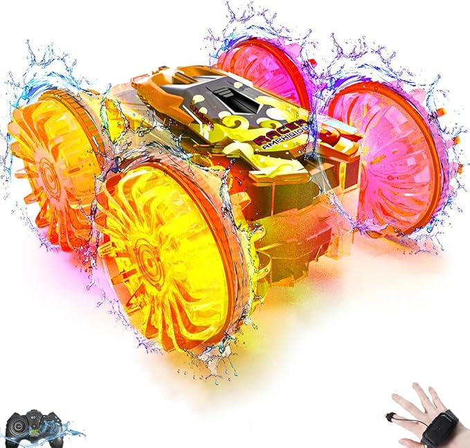 Amphibious Remote Control Car,RC Cars Toys for Kids Ages 6-12,Double-Sided Driving 360° Flips Rotating Car Toy RC Gesture Stunt Boat with LED Lights,Water Beach Pool Toys for Boys Girls (Orange)