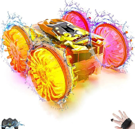 Amphibious Remote Control Car,RC Cars Toys for Kids Ages 6-12,Double-Sided Driving 360° Flips Rotating Car Toy RC Gesture Stunt Boat with LED Lights,Water Beach Pool Toys for Boys Girls (Orange)