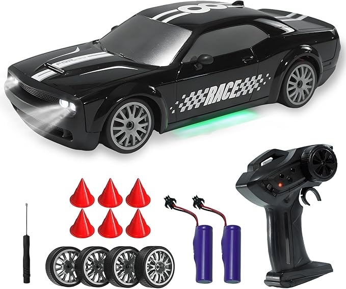 SANCO 1:20 RC Drift Car - 2.4G Drifting Car with Dual Tire System & LED Lights, 20+KM/H, 50-Minute Playtime, Racing Toy Remote Control for Adults Boys Girls 2pcs Rechargeable Batteries （Black）