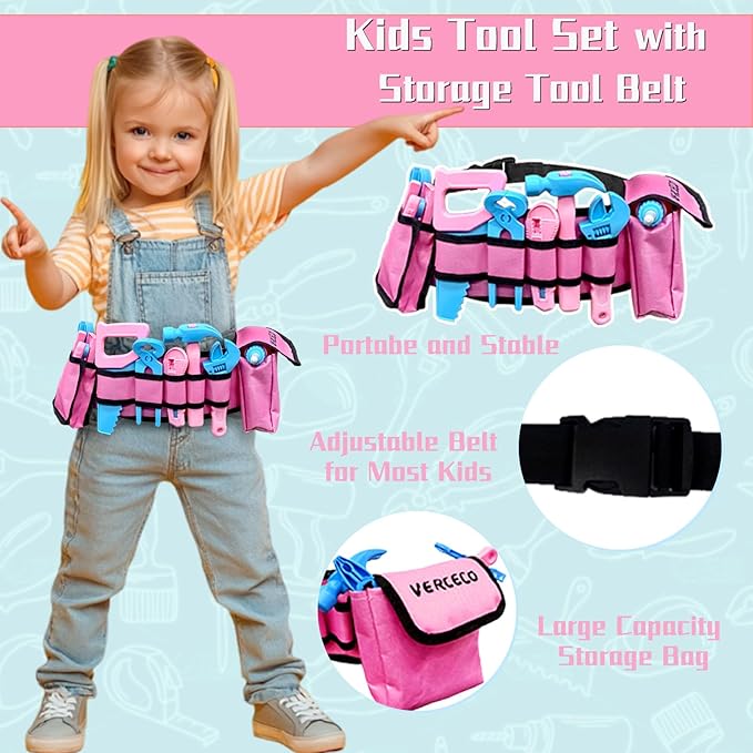 Kids Tool Set 55Pcs Tool Box Toddler Tool Kit for Girls Play Tools Toy with Tool Belt Electronic Toy Drill Safety Vest Pretend Play Construction Toy for Girls Boys Ages 3 4 5 6 7 Years Old