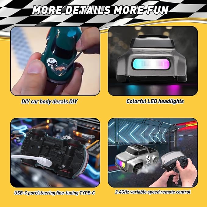 RC Drift Car 1/64 Scale Mini RC, 2.4Ghz Micro Turbo Racing 4WD Desktop Remote Control Rally Car with LED Lights for Adults Kid Toys Gift (Matte Gray Concept Model)