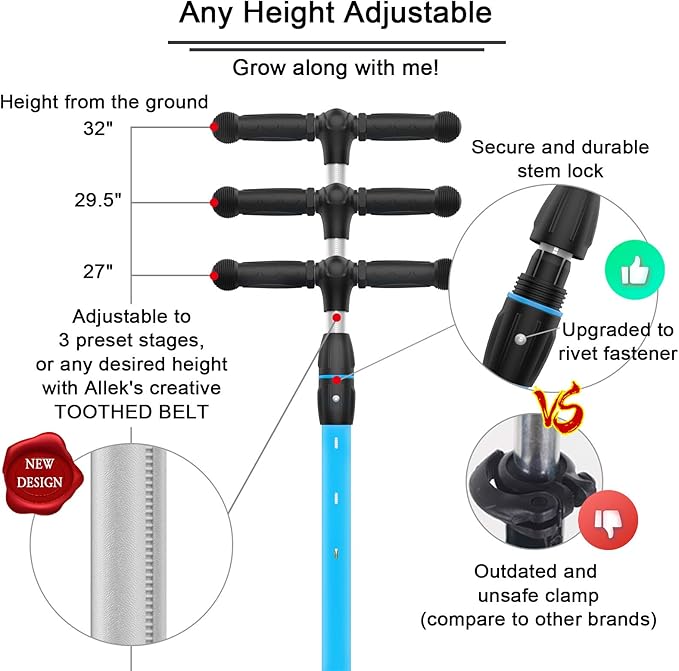 Allek Kick Scooter B03, Lean 'N Glide 3-Wheeled Push Scooter with Extra Wide PU Light-Up Wheels, Any Height Adjustable Handlebar and Strong Thick Deck for Children from 3-12yrs (Aqua Blue)