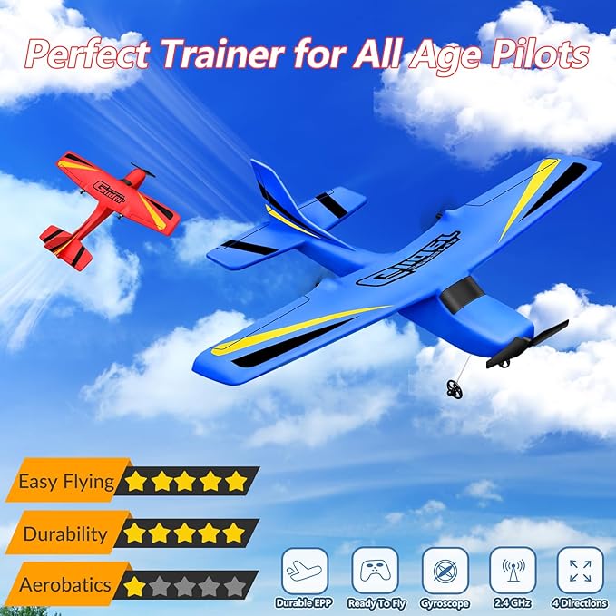 HAWK'S WORK 2 Channel RC Airplane, Ready to Fly, 2.4GHz Remote Control Plane, Easy to Fly Glider for Kids & Beginners (Blue)