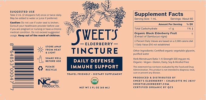 Sweet's Elderberry Tincture | USDA Organic | Alcohol-Free | Black Elderberry | Immune Support for All Ages | Travel-Friendly 2 oz Bottle with Dropper | Vegan | Keto | Non-GMO | Unsweetened