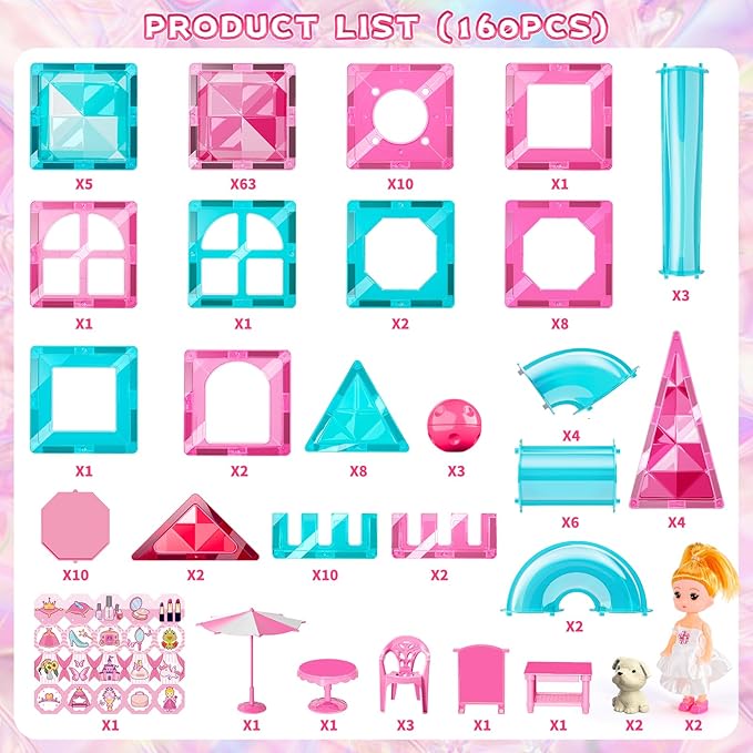 Magnets Tile Set, Upgrade DIY Castle Theme 160 PCS Building Blocks Magnets Toys, 3D Magnet Puzzles Stacking Blocks for Boys Girls - Learning by Playing Games to Improve Imagination & Creativity