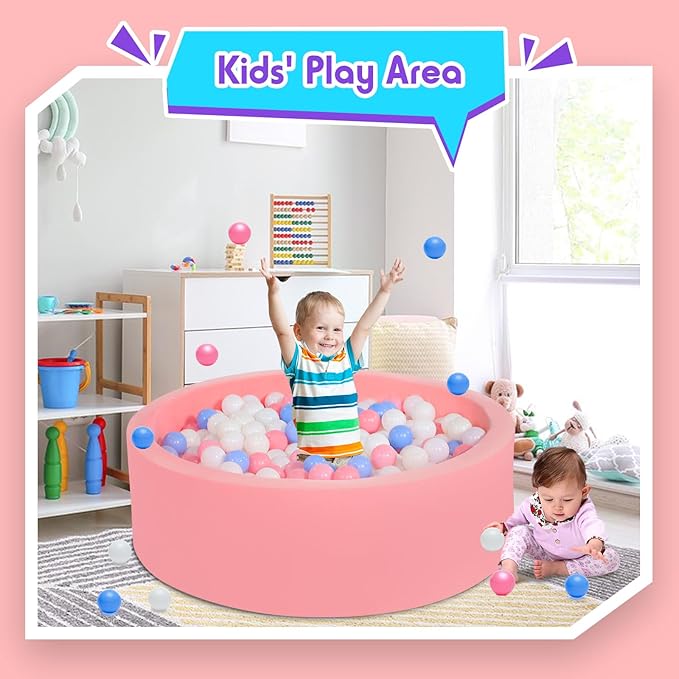 Foam Ball Pit for Toddlers with 100 Balls, Large Baby Ball Pit for Babies with Soft Memory Sponge, Indoor Outdoor Baby Playpen, Kids Play Ball Pool (Pink with 100 Balls, 34 x 11.5 Inch)