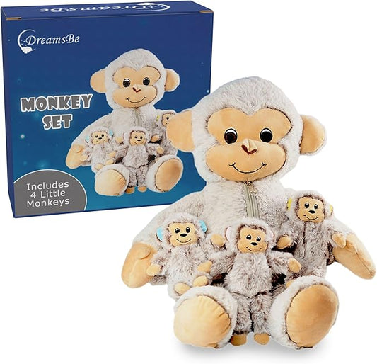 DreamsBe Monkey Stuffed Animal with 3 Baby Monkeys for Boys & Girls - Plush Stuffie with Zippered Pocket for Babies - Monkey Gift for Kids Ages 3 4 5 6 7 8 9 Years
