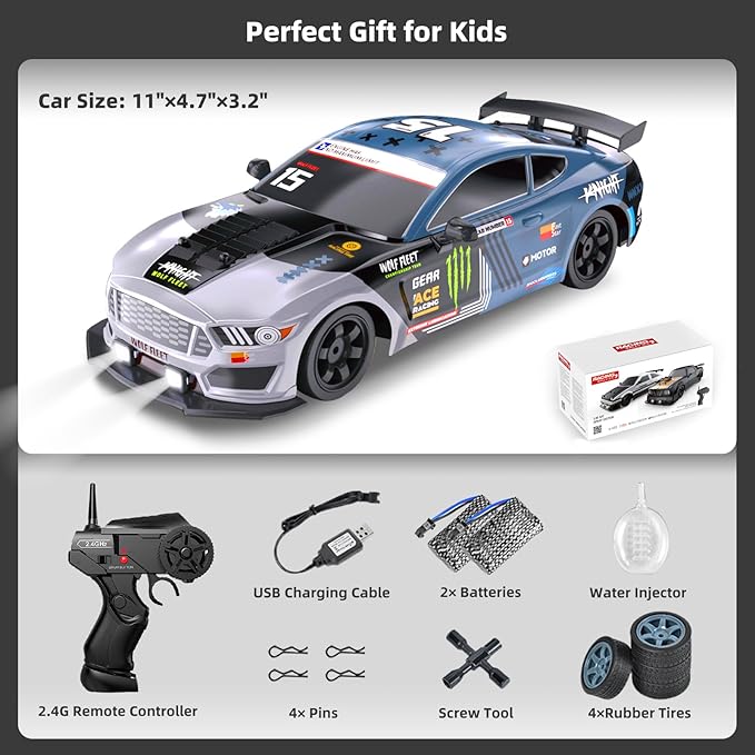 RC Drift Car 2.4GHz 1:16 Scale 4WD High Speed Remote Control Cars Vehicle with LED Lights Two Batteries and Drifting Tires Racing Sport Toy Cars for Adults Boys Girls Kids