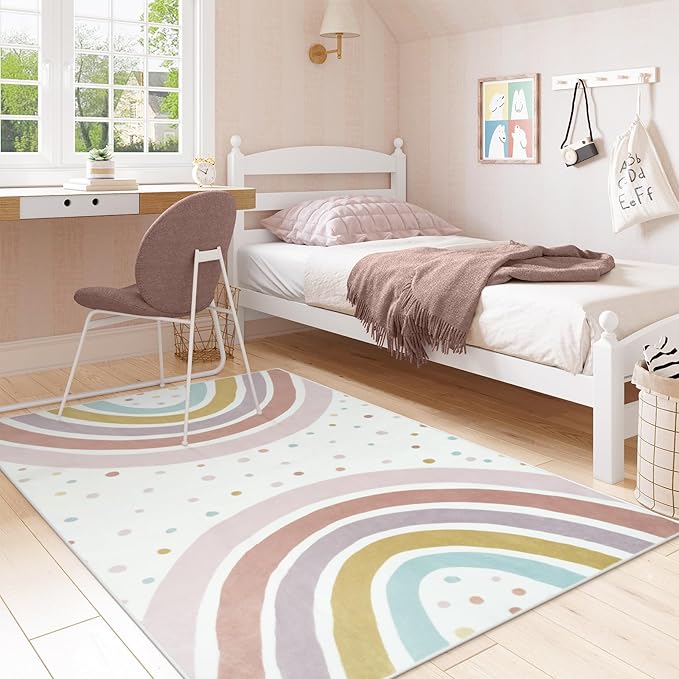 STARUIA Boho Rainbow Rug for Girls Bedroom, Large Area Rug 5x7 Washable Kids Rug for Playroom Tent Castle, Non-Slip Soft Play Mat Carpet Nursery Rug for Kid Room Classroom Dorm