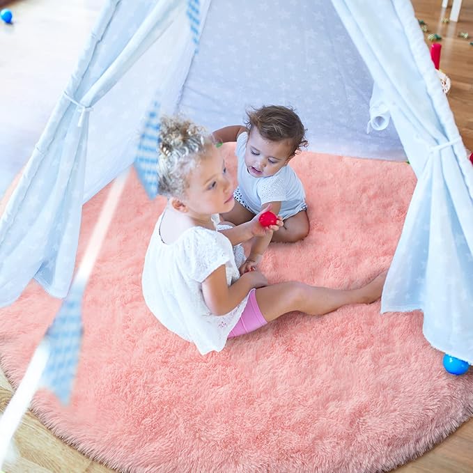 LOCHAS Luxury Round Fluffy Area Rugs for Bedroom Kids Girls Room Nursery, Super Soft Circle Rug, Cute Shaggy Carpet for Children Living Room, 4x4 Feet Pink