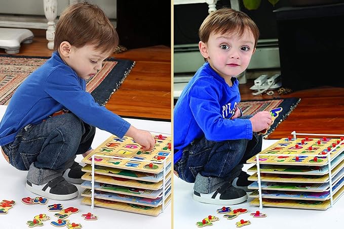 Etna Products Wooden Puzzles Set, Includes 6 Educational Puzzles and Wire Storage Rack - ABC, Numbers, Shapes, Vehicles and Animals - For Kids Age 3 Plus