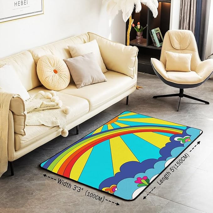 Erosebridal Boho Sun Area Rug 3x5 Bohemian Rainbow Rug for Girls,60S 70S Trippy Carpet Hand Drawn Nature Hippie Floral Clouds Colorful Non Slip Decorative Rug for Living Room