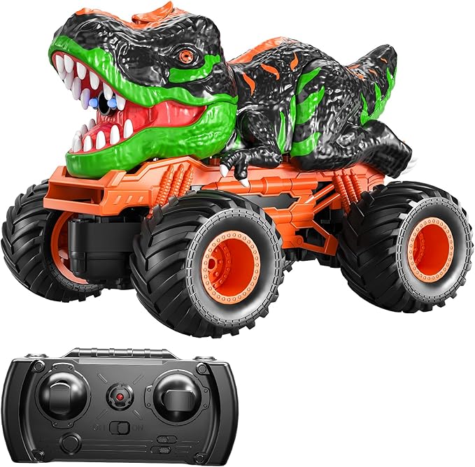 TEMI Remote Control T-rex Truck for Kids 3-5 Years, 1:24 Scale Monster Truck with Roar, Light and Mist Spray, High Speed Off Road Dinosaur Truck with Rechargeable Battery, Gift for Boys 3+