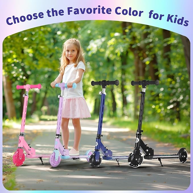 BELEEV V3 Scooter for Kids with Light-Up Wheels & Stem & Deck, 2 Wheel Folding Scooter for Girls Boys, 4 Adjustable Height, Lightweight Kick Scooter with Handy Kickstand for Children Ages 3-12