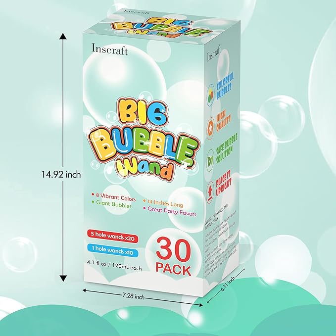 30 Pack 14’’ Big Bubble Wands, 8 Colors Bulk for Summer Toy, Outdoor / Indoor Activity Use, Easter, Birthday, Graduation, Shower, Bubbles Party Favors Supplies for Kids Toddlers