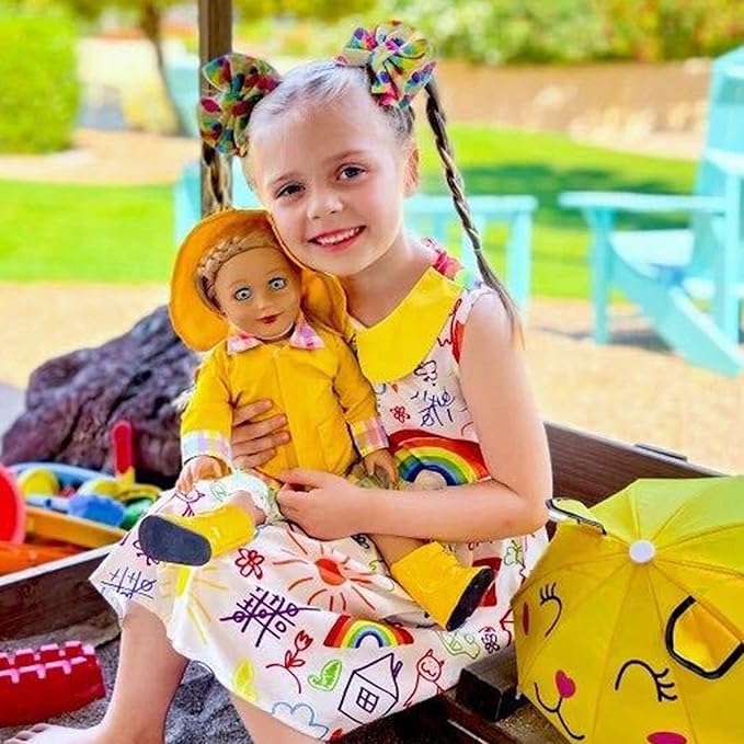 Playtime by Eimmie 18 Inch Doll Clothes and Accessories - Yellow Raincoat Set with Hat, Boots & Cat Face Umbrella - Clothing Sets & Stuff - Fits American, Generation & Other 18" Dolls for Girls