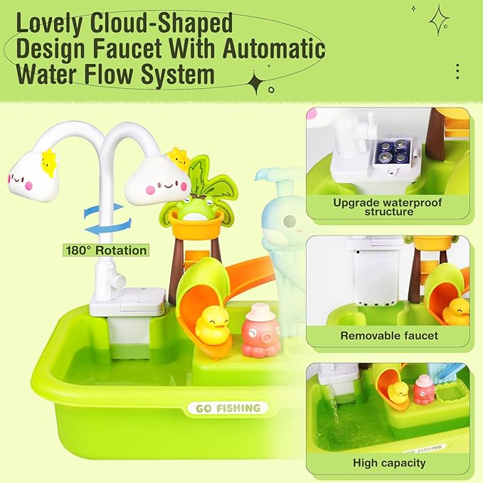Play Sink with Running Water, Kitchen Sink Toys with Upgraded Electric Faucet, Play Dishwasher & Pool Floating & Fishing Toys for Kids, Play House Pretend Role Play Toys for Boys Girls