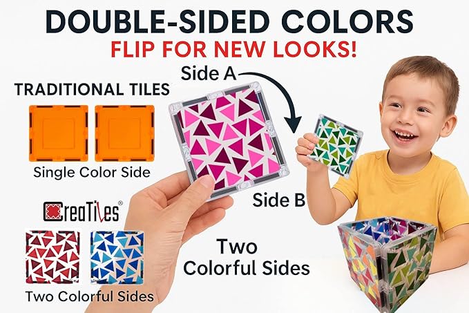 Magnetic Tiles Set - 52 PCS Double-Sided Color Tiles for Kids | Unique Geometric Design for More Creative Builds | STEM Toy for Ages 3 4 5 6 7 8 9+ Birthday Gift Boys & Girls