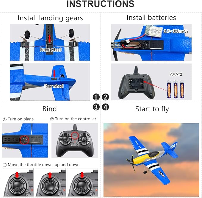 HAWK'S WORK 3 Channel RC Plane P-51D Mustang, Remote Control Airplane Ready to Fly, 2.4GHz 6-axis Gyro Stabilizer, Easy to Fly for Kids & Beginners