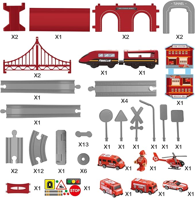 Train Sets for Toddlers, 66 Pcs Trains Toy with Battery Operated & Tracks (Magnetic Connection), Compatible with Thomas, Brio, Christmas Toy Gifts for 3 4 5 6 7 8 Years Old (Fire Engines)
