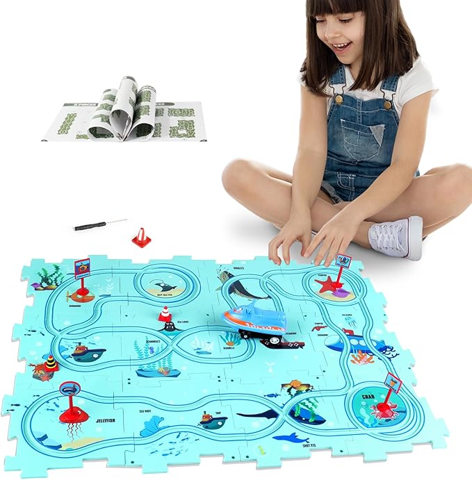 New Plastic Puzzles for Kids Ages 3-5 with Cute Vehicle, Toddler Puzzle Track Play Set Gift, Critical Thinking Educational Toys for 3-6 Year Old Boys & Girls, Montessori Toys