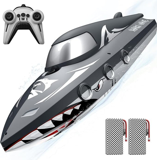 Shark RC Boat for Kids & Adults,2.4GHz High Speed Remote Control Racing Boat W/ Dual Battery 50 Min Runtime,Waterproof,Fast Remote Control Toy Gift Kids 8-12, Ideal for Pools & Lakes,Realistic Grey