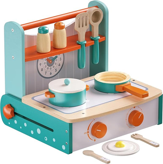 Dailyfunn Wooden Foldable &Portable Toy Stove Pretrend Kitchen PlaySet with Cooking Accessories