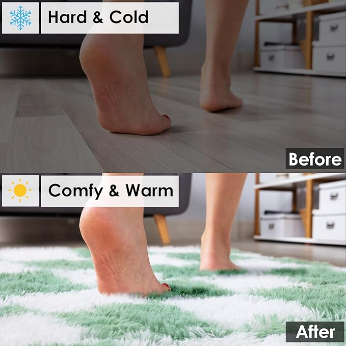 KICMOR Living Room Rugs 5x8 Sage Green and White, Large Fluffy Furry Shaggy Fuzzy Checkered Area Rug Bedroom Big Carpet, Shag Plush Soft Nursery Rug Cozy Room Decor for Teen Toddler Kids Baby Boys