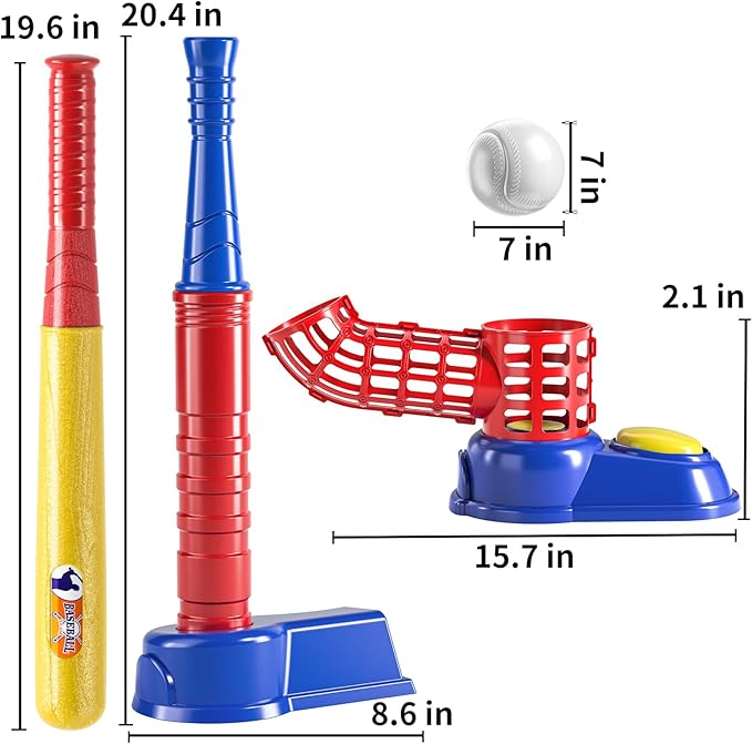 TEMI 2 in 1 Tee Ball Set for Kids 3-8, Kids Baseball T-Ball Set with 10 Balls, Step on Pitching Machine, Batting Tee, Outdoor Sport Toy Games for 3-12 Year Old Boys Girls Toddler