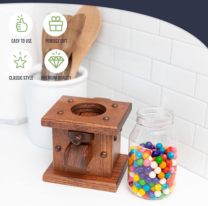 Peaceful Classics Wooden Candy Dispenser - Amish Handmade Containers & Storage For Gummy Or Peanut- Wood Storage Gumball Machine For Skittles Or M&Ms - Cereal Dispenser Countertop (Harvest)