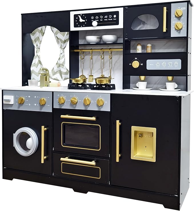 Wooden Play Kitchen with Ice Maker, Water Dispenser and Coffee Maker;Large Toddler Kitchen Playset with Washing Machine,Sink and Stove;Premium Gifts for 3+Years Boys Grils Kids