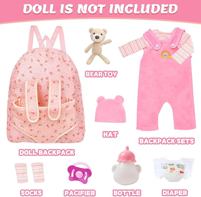 Baby Doll Clothes with Doll Backpack Carrier for 14-18 Inch Doll,Reborn Baby Doll Accessories Set with Doll Bottles Doll Pacifiers for Toddlers and Kids 2 3 4 5 Year Old（Doll not Included）