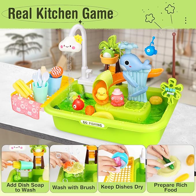 Play Sink with Running Water, Kitchen Sink Toys with Upgraded Electric Faucet, Play Dishwasher & Pool Floating & Fishing Toys for Kids, Play House Pretend Role Play Toys for Boys Girls