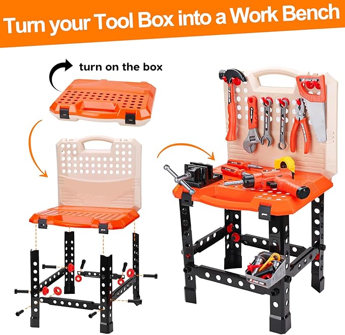 Toddler Tools Workbench Pretend Play Toys for Kids 3 4 5+Year Old with Realistic Electric Drill Boys Girls Age 2-4 Tool Set Learning Educational Construction Toy Power Work Bench Gifts for Kid 1-3 4-8