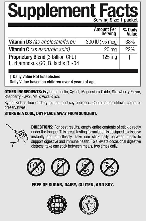 Arthur Andrew Medical, Syntol Kids, Daily Probiotic Supplement for Digestive Health and Young Immune Systems, No Sugar or Artificial Sweeteners, Berry Flavor, Vegan, 30 Sachets