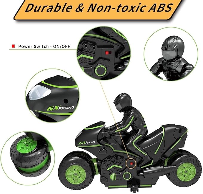 RC Motorcycle, Remote Control Motorcycle 360° Spinning Wheels Stunt Motorbike - Rotating Drift 2WD High Speed Car Toys with Riding Figure - Gift for Kids Boys Girls(Green)